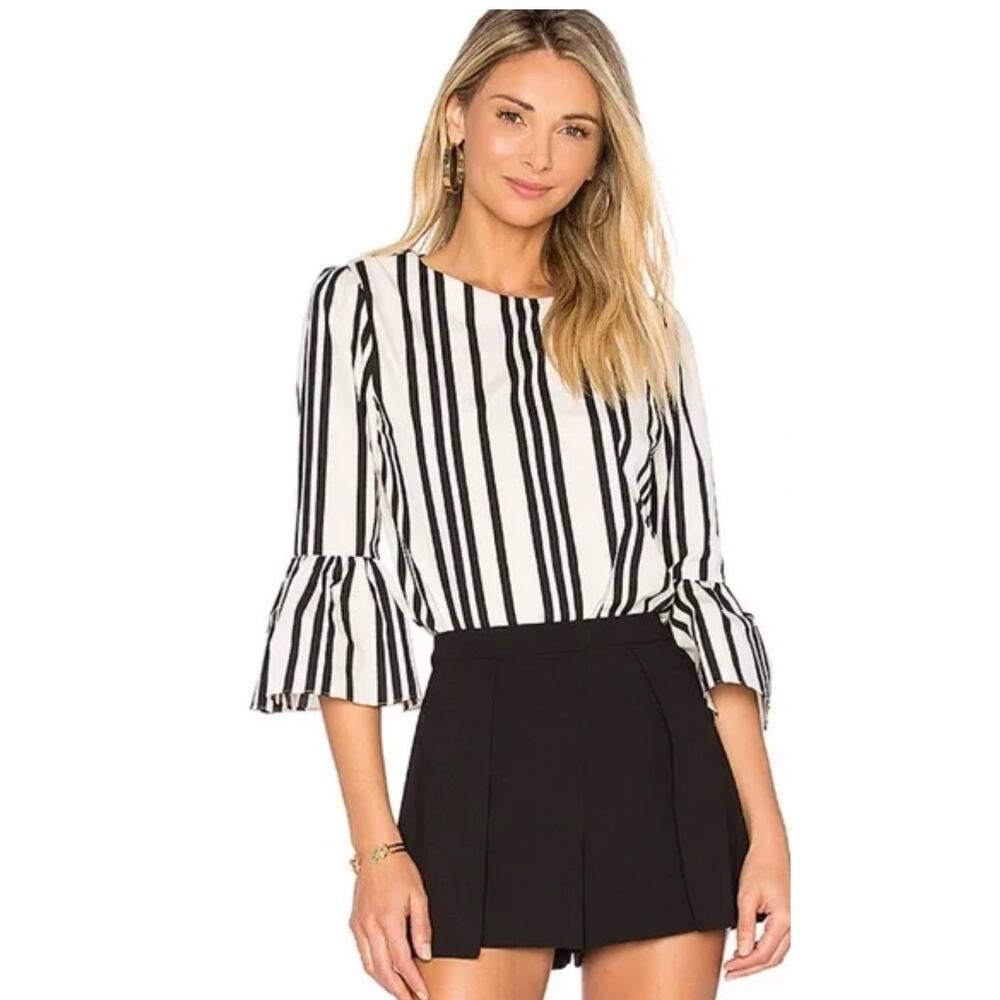 ALICE AND OLIVIA Bernice Ruffle-trimmed Striped Cotton Top In Variegated Stripe